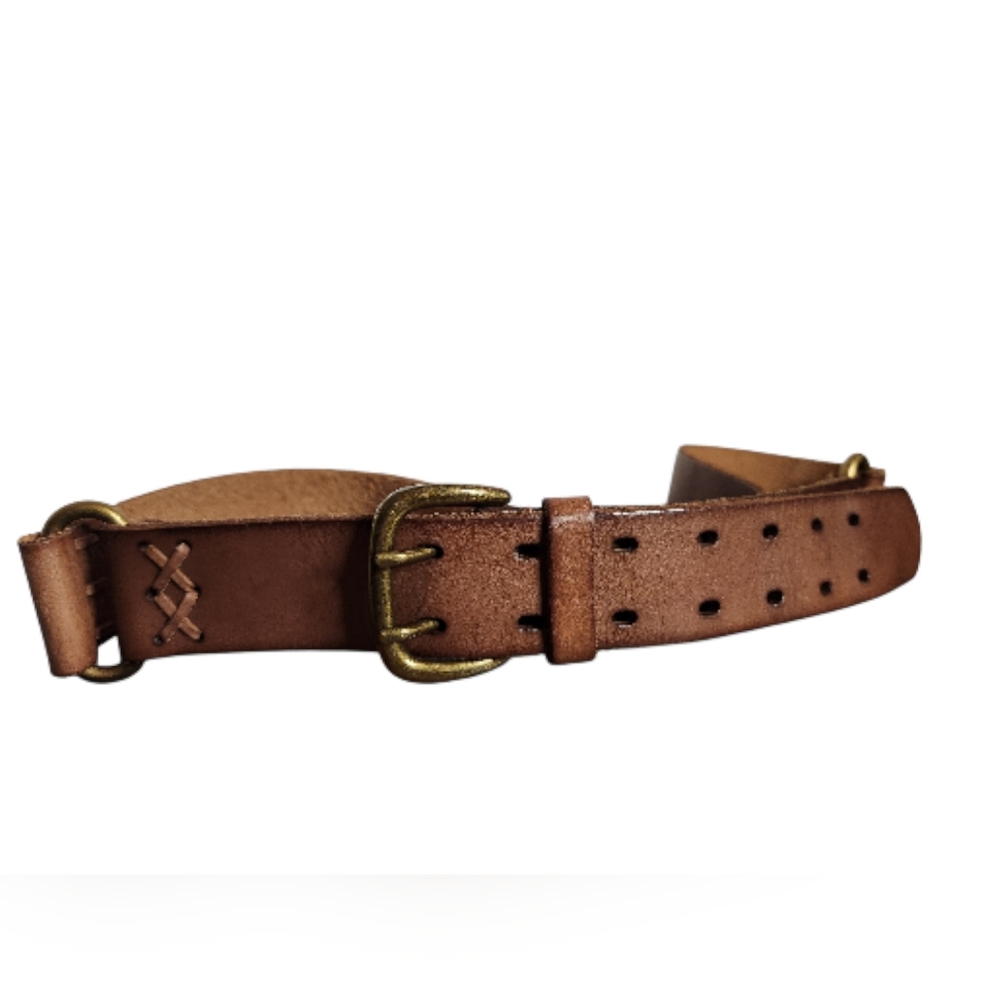 Vintage Style Double Prong Leather Western Belt • Brass Buckle • 47"